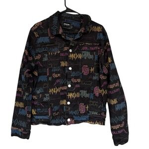 Pink Dolphin Jacket Mens Medium Black Denim Allover Logo Print Trucker